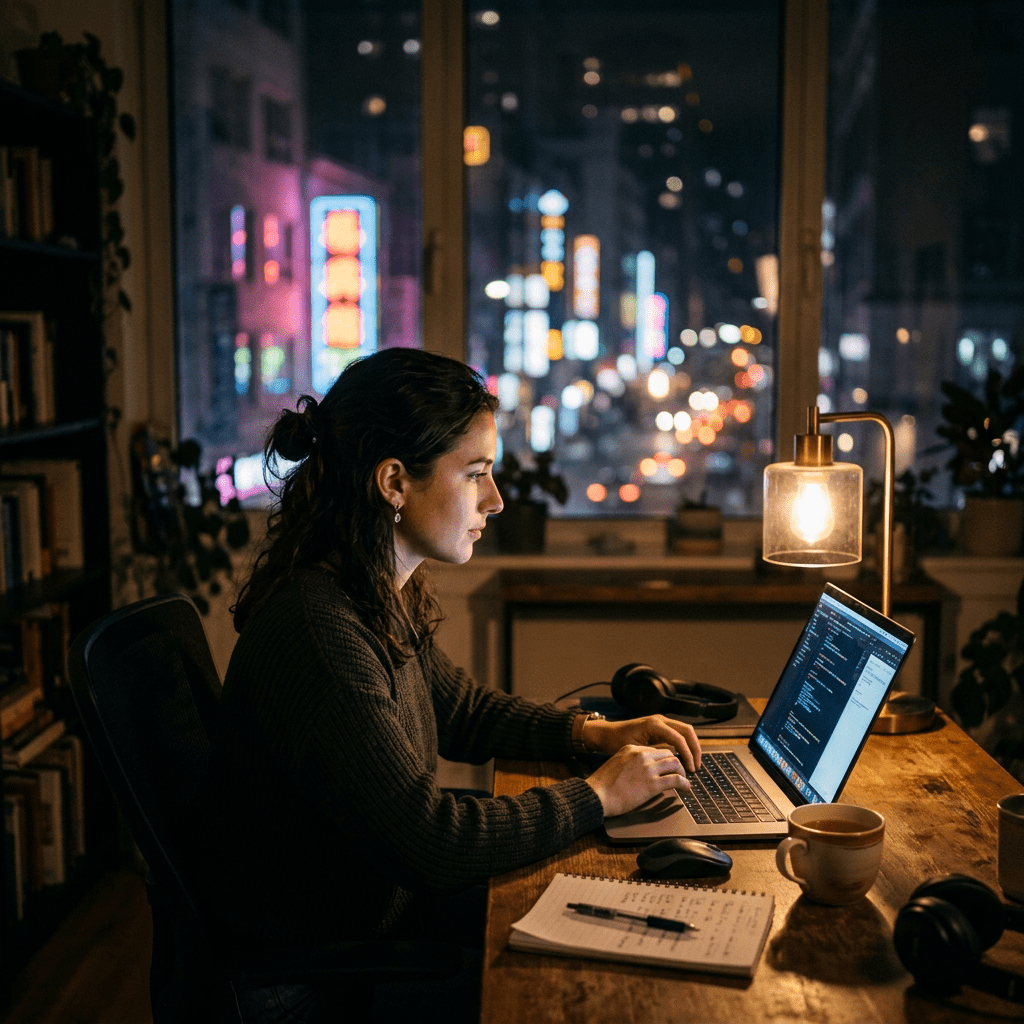 Woman typing code on laptop at desk with city lights outside window
