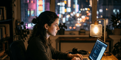 Woman typing code on laptop at desk with city lights outside window
