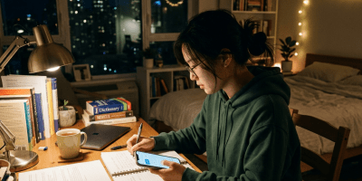 Student studying at desk with books and smartphone in bedroom at night