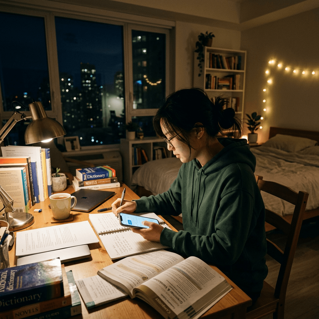 Student studying at desk with books and smartphone in bedroom at night