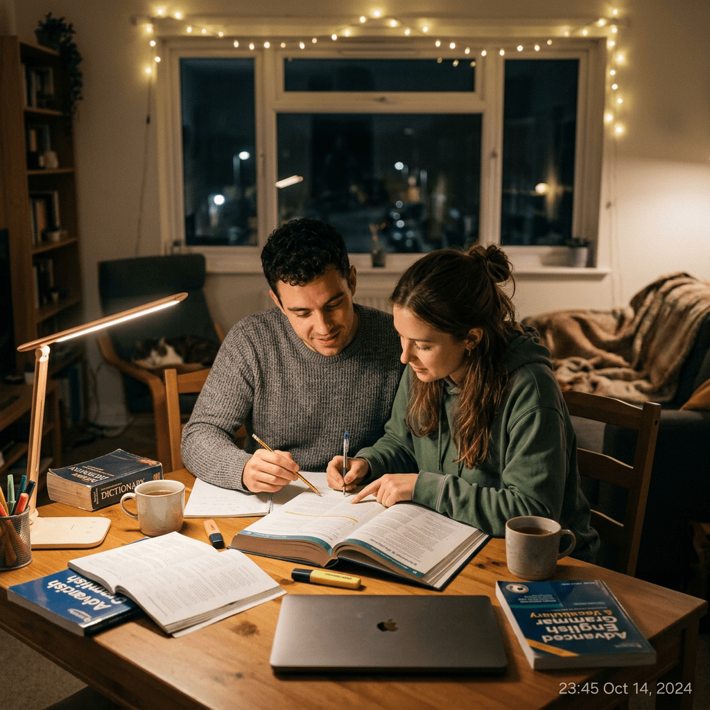 Couple studying English together at night desk