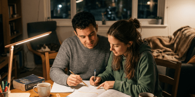Couple studying English together at night desk