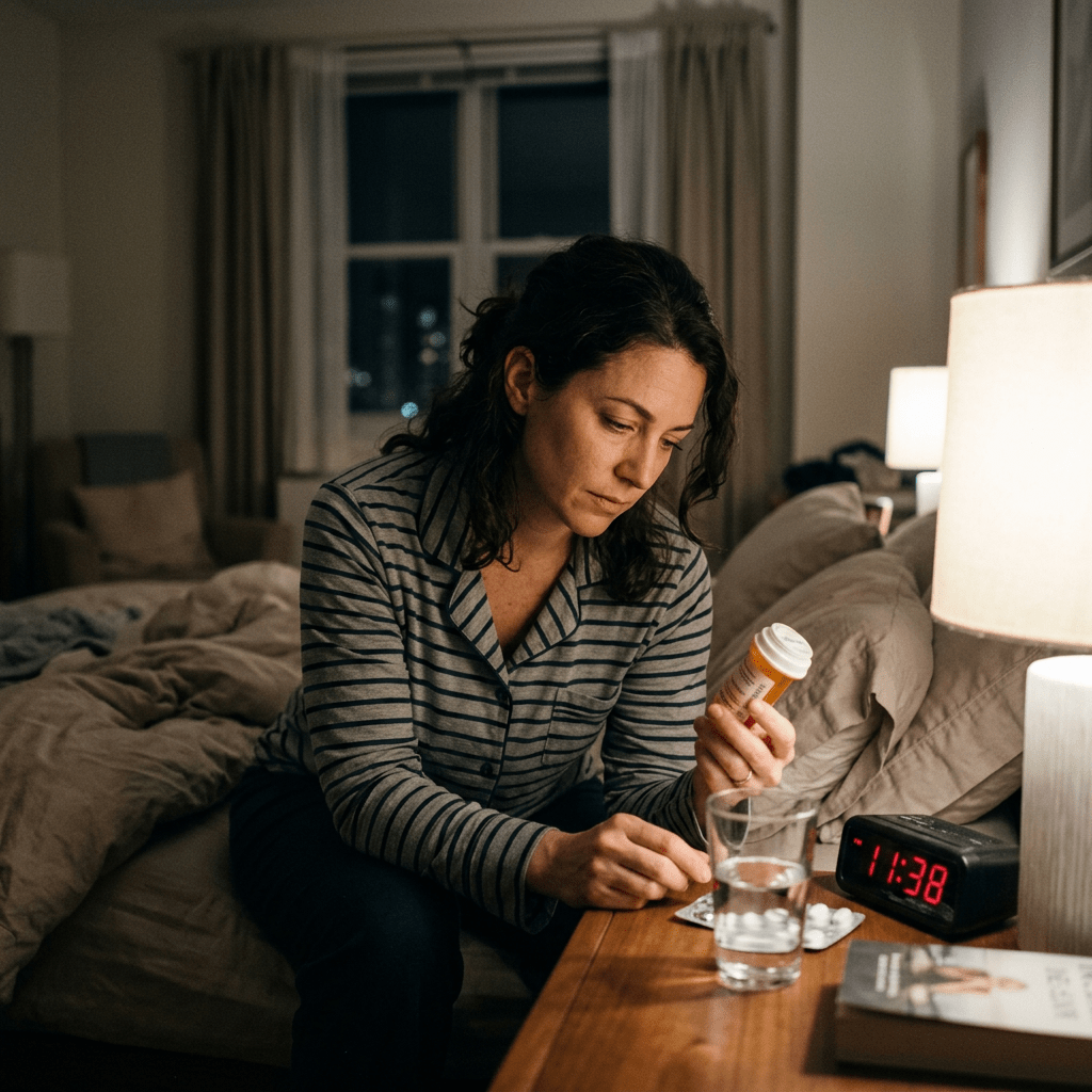 Woman at night looking at medication bedside