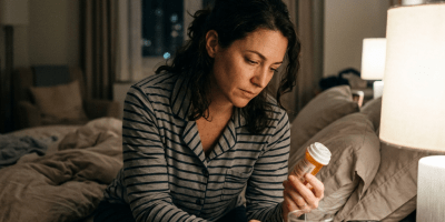 Woman at night looking at medication bedside