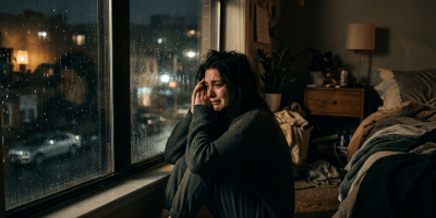 Upset woman sitting on floor near window with rain outside at night