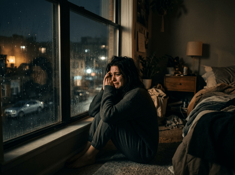 Upset woman sitting on floor near window with rain outside at night