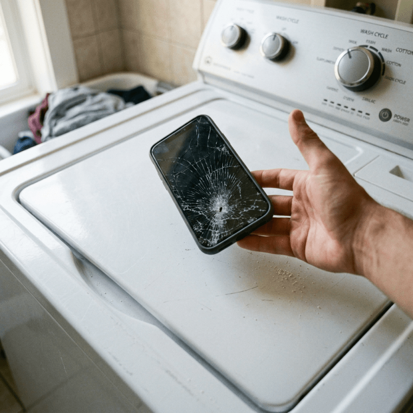 Smartphone with severely cracked screen placed on washing machine lid