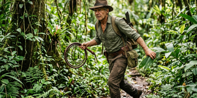 Person in a hat holding a whip and navigating a dense green jungle trail