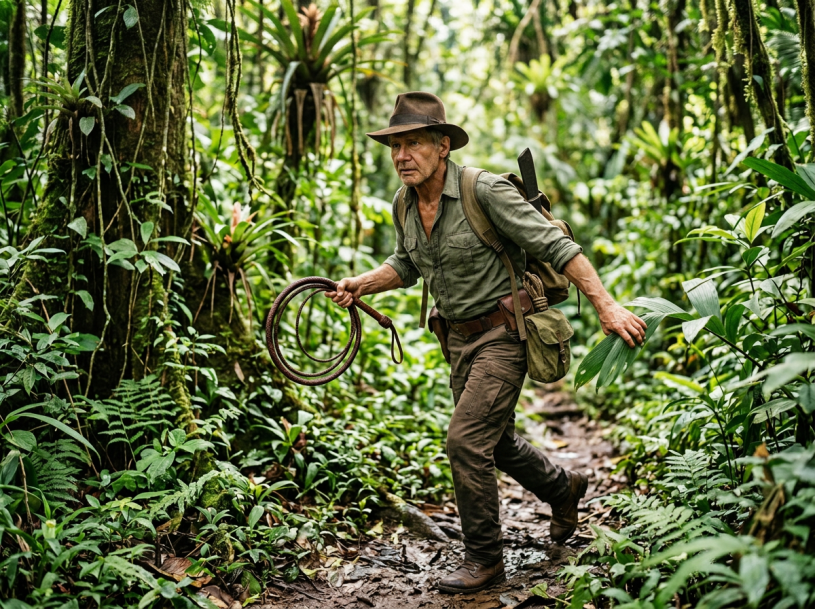 Person in a hat holding a whip and navigating a dense green jungle trail
