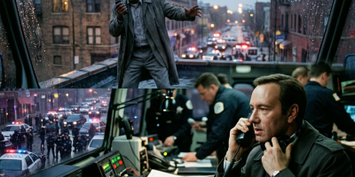 Man negotiating on radio with police command center and officers managing incident