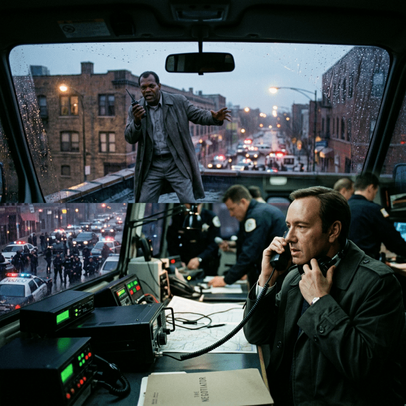Man negotiating on radio with police command center and officers managing incident