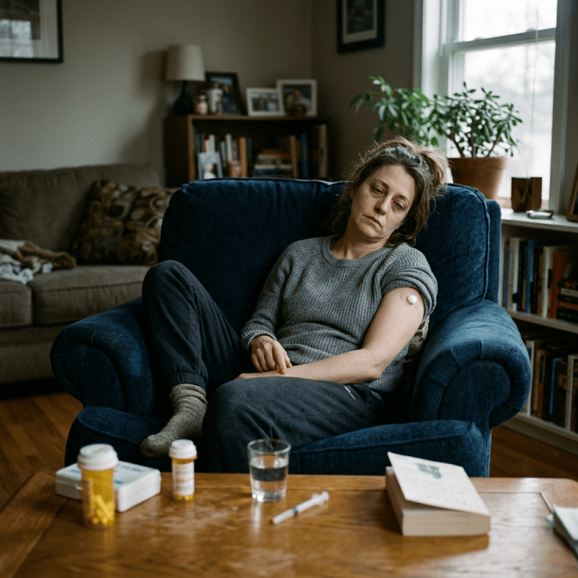 Tired woman sitting on a blue armchair with a bandage on her arm, surrounded by medication bottles and a syringe on a wooden table