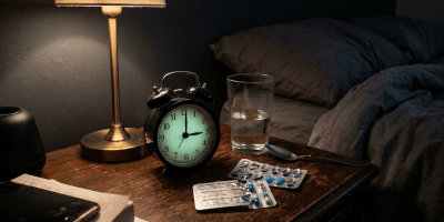 Bedside table with alarm clock showing 3:00, pill packs, glass of water, spoon, phone, and lamp
