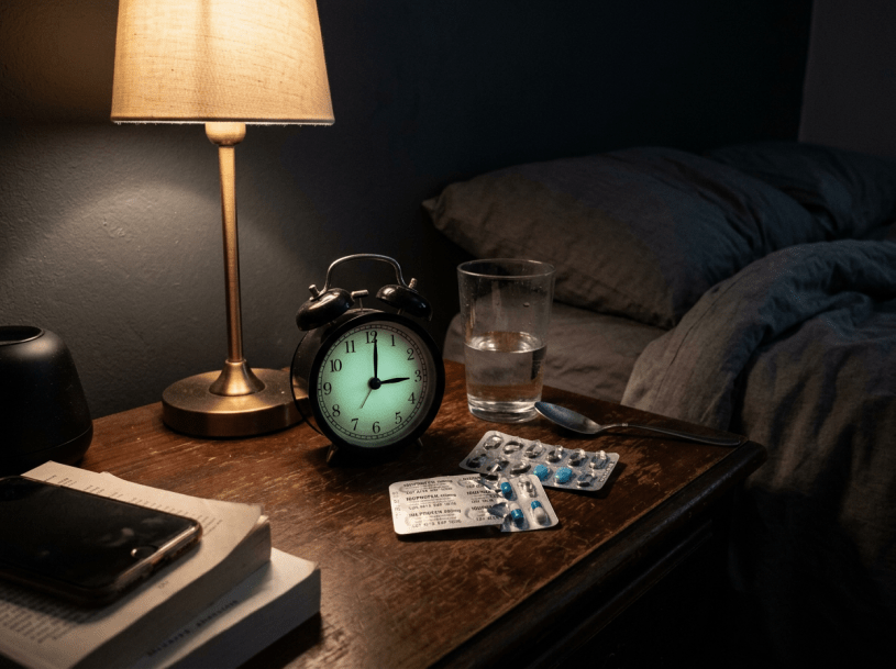 Bedside table with alarm clock showing 3:00, pill packs, glass of water, spoon, phone, and lamp