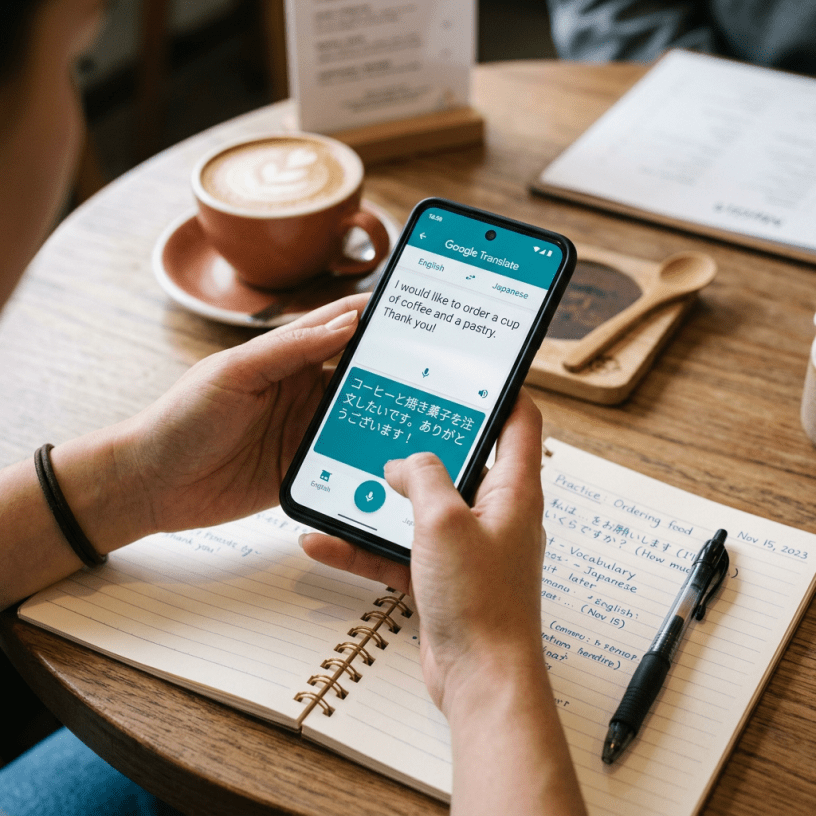 Hands holding smartphone with translation app and notebook