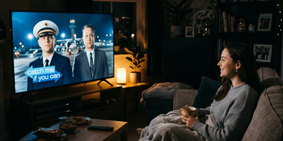 Person watching Catch Me If You Can at night