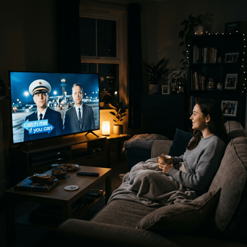 Person watching Catch Me If You Can at night