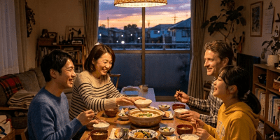 Family of four having dinner at wooden table with warm lighting and sunset outside