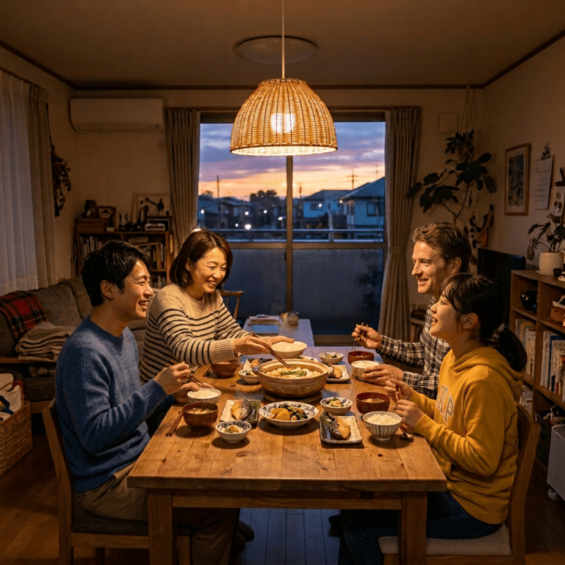 Family of four having dinner at wooden table with warm lighting and sunset outside