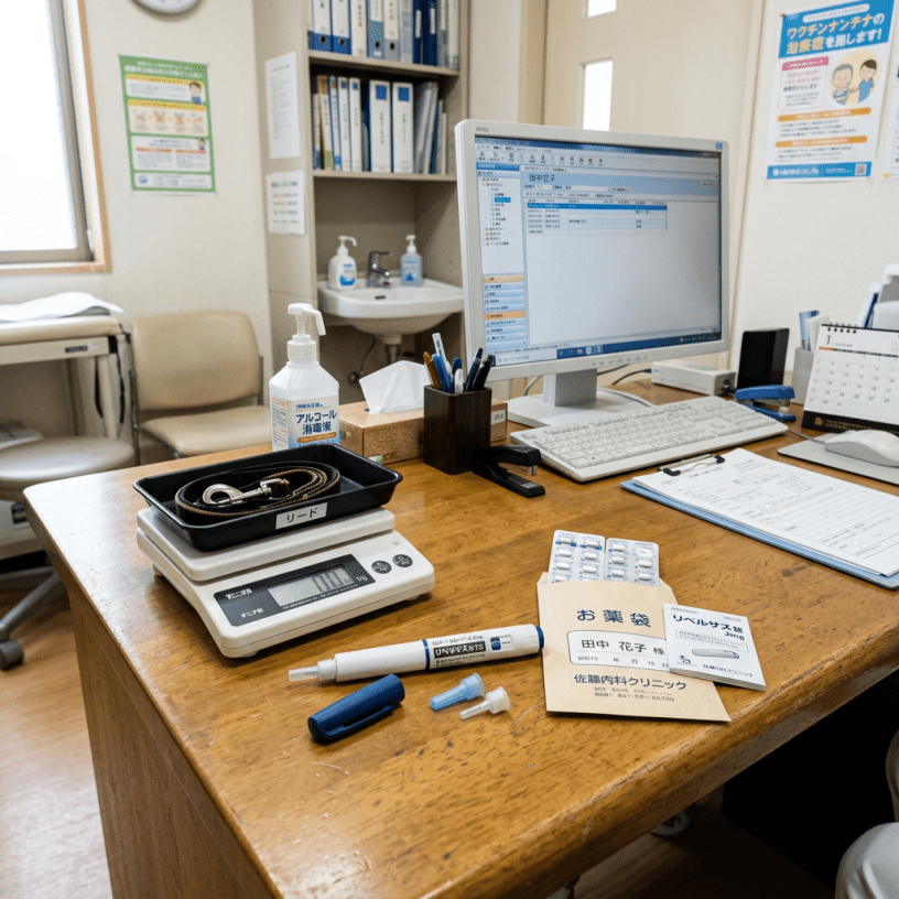 診察室の机に注射ペン薬体重計リード