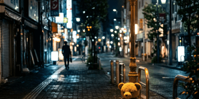 Teddy bear sitting on sidewalk under illuminated streetlamp at night in city