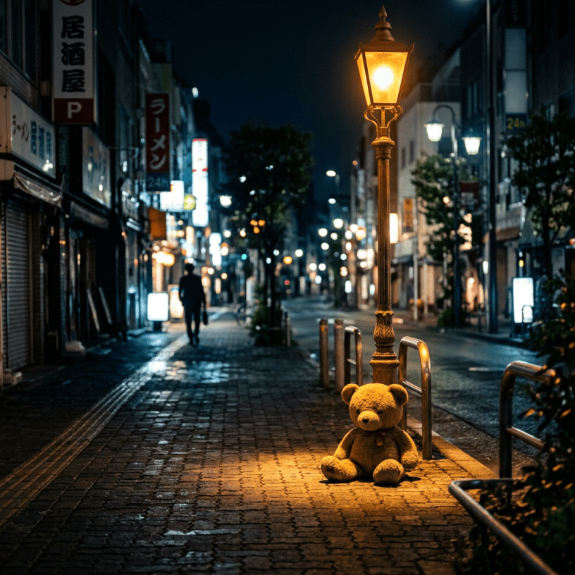 Teddy bear sitting on sidewalk under illuminated streetlamp at night in city